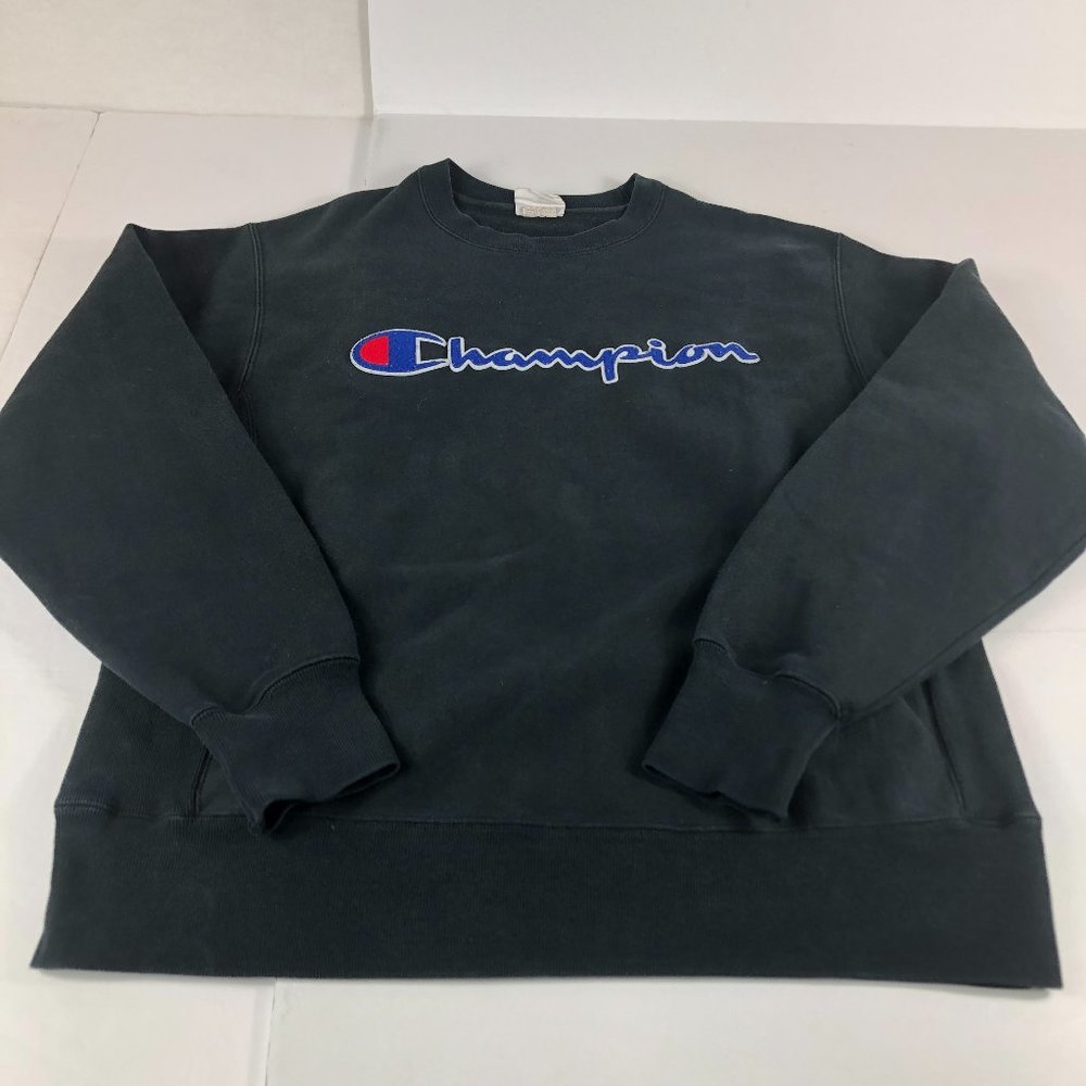 Y2K Champion Reverse Weave Sweatshirt Men Medium Black Spell Out Logo Crewneck